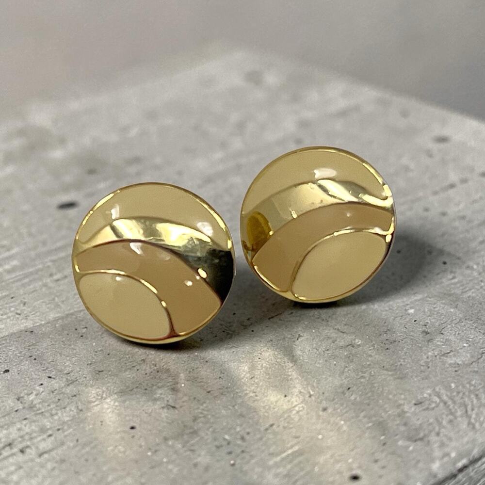 Vintage Napier Ivory Cream Enamel Gold Tone Button Clip On Earrings Signed 90s